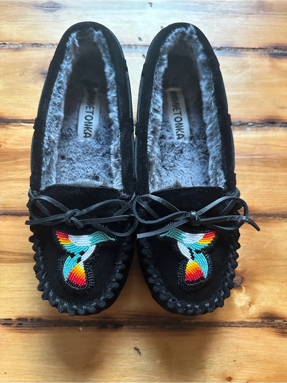 Minnetonka beaded Moccasin slippers - Handmade hummingbird design